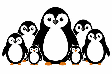 Cute Cartoon Penguin Family – Minimalist Vector Art with Adorable Chicks and Whimsical Design