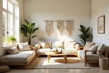 Serene Living Room Decor Featuring Neutral Tones, Wooden Furniture, and Macrame Wall Hangings