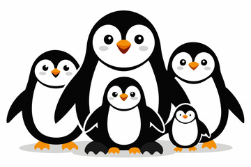 Cute Cartoon Penguin Family – Minimalist Vector Art with Adorable Chicks and Whimsical Design