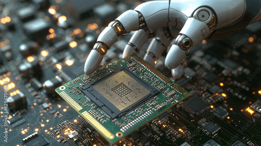Poster a highly advanced robot skillfully holding a circuit board with intricate details in its design
