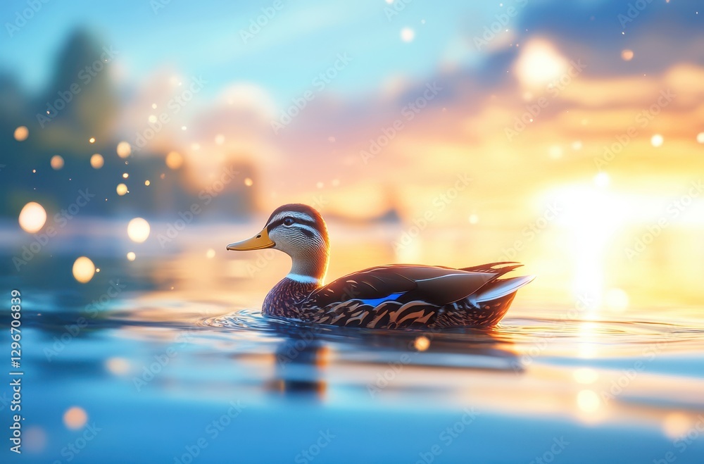 Poster a serene duck glides effortlessly on calm water during a breathtaking sunset with soft bokeh lights 