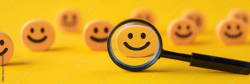 Aufkleber exploring the joy of smiles through a magnifying glass surrounded by cheerful emojis on a bright yel