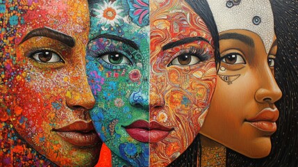 Colorful mural depicting four diverse women with intricate patterns and floral designs, showcasing unity