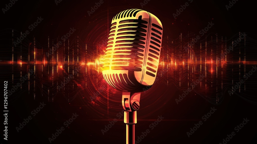 Poster a clean vector illustration of a podcast microphone with sound waves emanating outward.