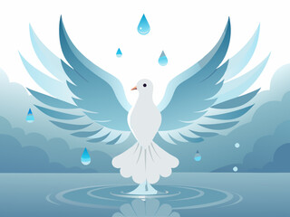 White Dove in Flight – Peaceful Sky with Reflective Water and Ethereal Light in Minimalist Vector Art Style