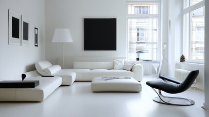 Small yet stylish modern apartment with white walls, functional furniture, and contemporary design elements.