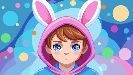 Fototapeta premium Anime Girl in Bunny Ears Hoodie – Kawaii Digital Art with Big Blue Eyes, Pastel Colors, and Whimsical Polka Dot Background