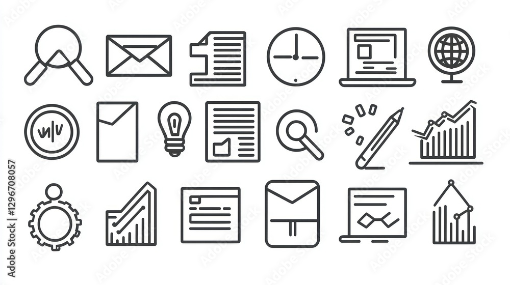 Poster a collection of thin-stroke business icons, neatly arranged on a white background for a clean look.