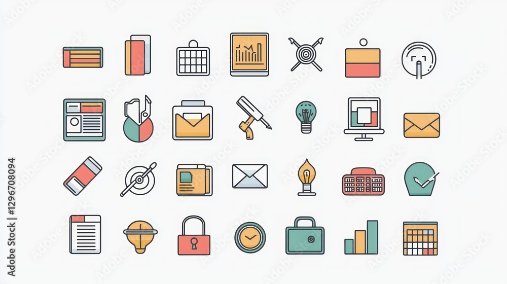 Poster a collection of thin-stroke business icons, neatly arranged on a white background for a clean look.