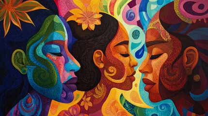 Obraz premium Colorful mural depicting three women in profile, showcasing vibrant patterns and cultural motifs