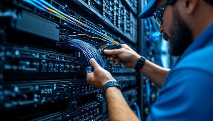 Technician connects cables in server room