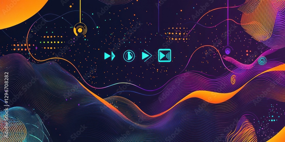 Poster a colorful abstract background with waves, spirals, and podcast-related elements.