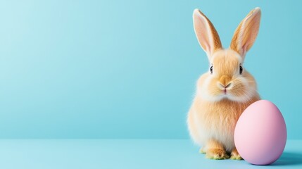 Obraz premium Adorable Fluffy Brown Bunny with Pink Easter Egg on Light Blue Background