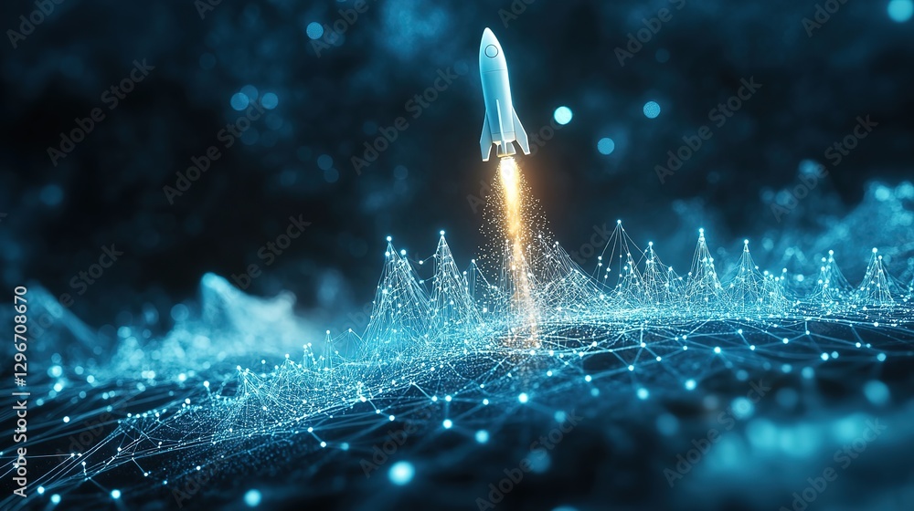 Poster new project and startup concept with rocket flying up with dotted trajectory above light growth grap