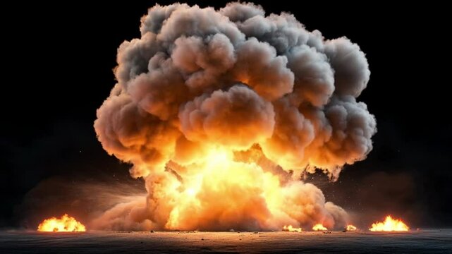 Fiery Explosion: A dramatic close-up of a powerful explosion, capturing the raw energy and destructive force of fire and smoke, against a dark background, with flames shooting out from the center. 