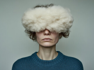 Surreal portrait of a woman with her head covered in soft cloud-like texture.