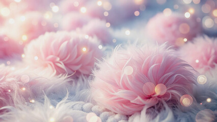 Fototapeta premium Delicate Pink Roses on Soft Fur with Bokeh Lights