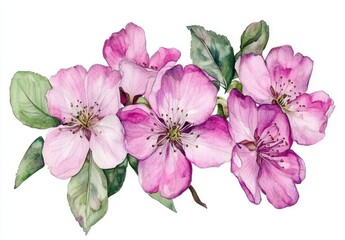 Delicate Pink Blossom Illustration with Green Leaves and Petals