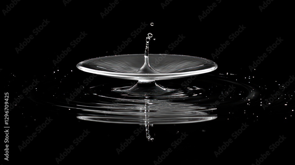 Poster water drop impact creating ripples on a flat surface with reflection
