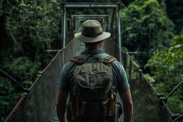 Fototapeta premium Young caucasian male explorer on jungle suspension bridge journey