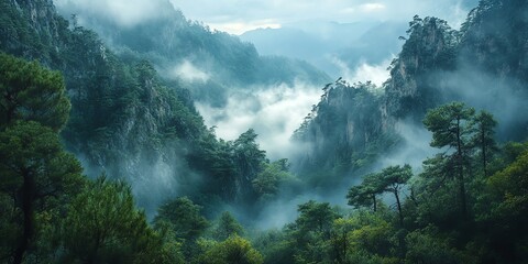 Mist Flowing Through Mountain Valley with Trees and Rock Formations
