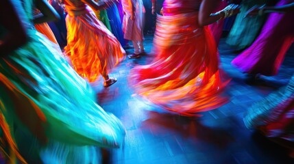 A colorful Indian wedding reception with guests dancing in traditional attire.