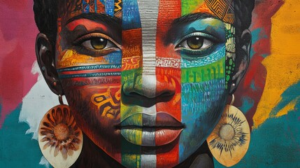 Colorful mural of a woman with artistic face paint and earrings, set against a vibrant backdrop