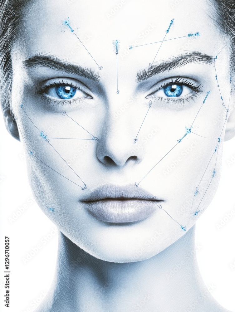 Poster detailed medical illustration of a female face with botox injection points highlighted for aesthetic