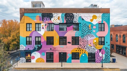 Colorful mural on a modern building exterior with vibrant patterns and urban surroundings