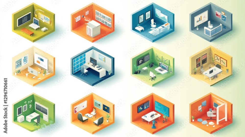 Poster A colorful isometric icon set displaying various business tools and environments, including offices and charts.