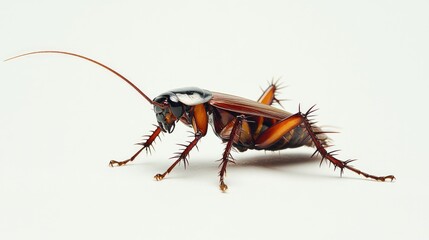 Single cockroach isolated on a white surface with long antennae and detailed legs