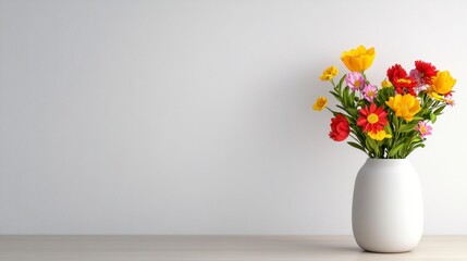 Fototapeta premium Colorful Flower Bouquet in White Vase on Wooden Table Against White Wall