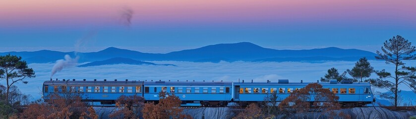 Fototapeta premium A scenic view of a blue train traveling through a foggy landscape at sunrise, surrounded by distant mountains and trees.