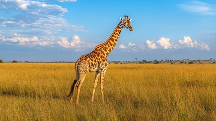 Obraz premium Single giraffe in the middle of a large grassland, its long neck rising above the horizon