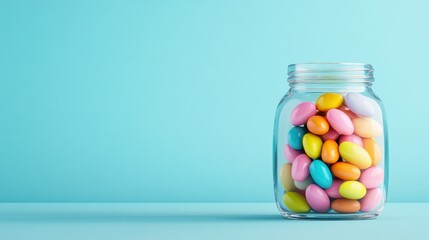 Colorful Pastel Candies in Glass Jar on Light Blue Background