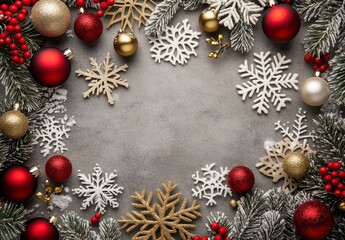 Festive Christmas Decoration with Ornaments and Snowflakes Frame