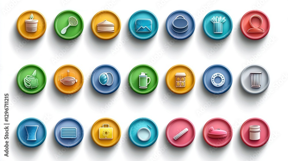 Poster A colorful set of round icons with drop shadows, representing everyday objects and concepts.