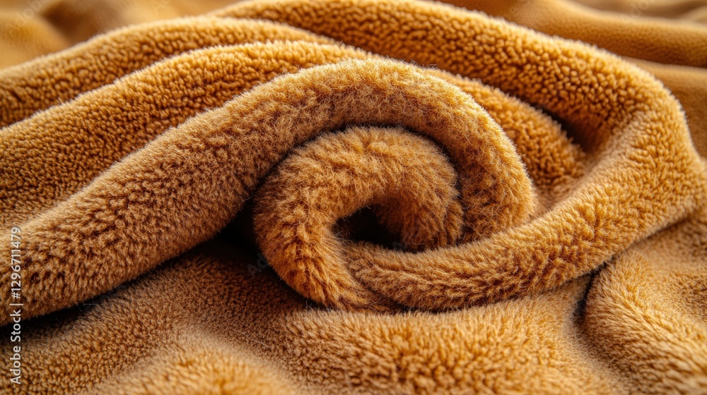 Poster soft and plush towel neatly folded on a cozy bed dressed in soft linens and relaxing atmosphere