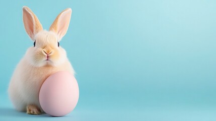 Fototapeta premium Fluffy White Bunny Holding Pink Easter Egg on Light Blue Background