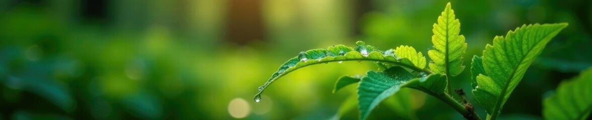 Dew drops glisten on forest ferns early morning, morning,