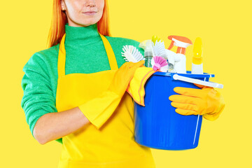 Bright and cheerful cleaning session with supplies in a vibrant setting during daytime