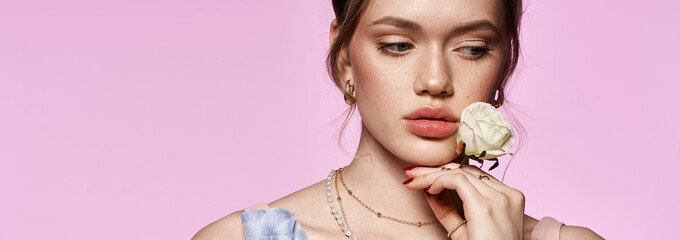 Elegant spring fashion showcased by a beautiful young woman with floral accents