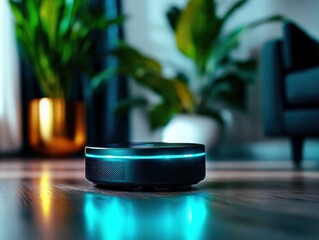 Smart Robotic Vacuum Cleaner in Modern Living Room with Indoor Plants and Elegant Furniture