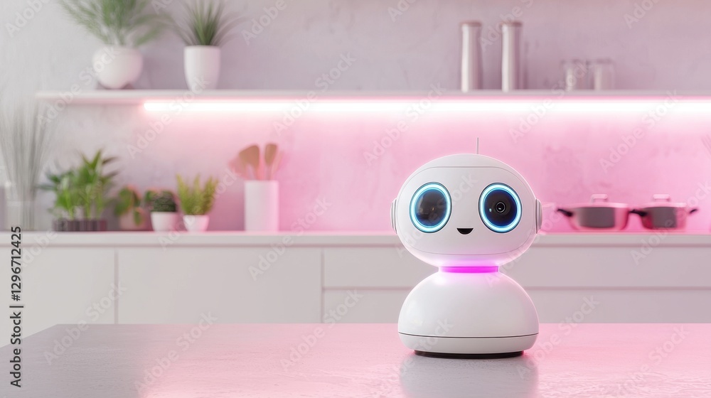 Poster cute and playful robot assistant in modern kitchen with glow features and friendly appearance for ho