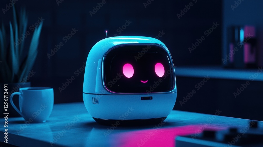 Poster cute and friendly robot companion with glowing eyes in a modern home setting, ideal for illustrating