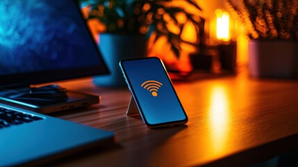 Smartphone Displaying Wifi Lock Icon on a Wooden Table in a Cozy Workspace with Candlelight