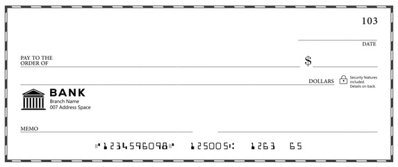 Bank check, vector blank money cheque, checkbook template with guilloche pattern and fields. Currency payment coupon, money check background