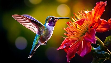 Fototapeta premium Vibrant Hummingbird Approaching a Colorful Flower