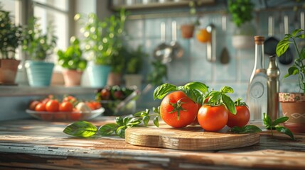 Fresh Red Tomatoes with Basil Leaves in Cozy Kitchen Setting
