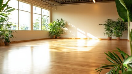 Spacious and Serene Indoor Workspace with Natural Light and Lush Green Plants